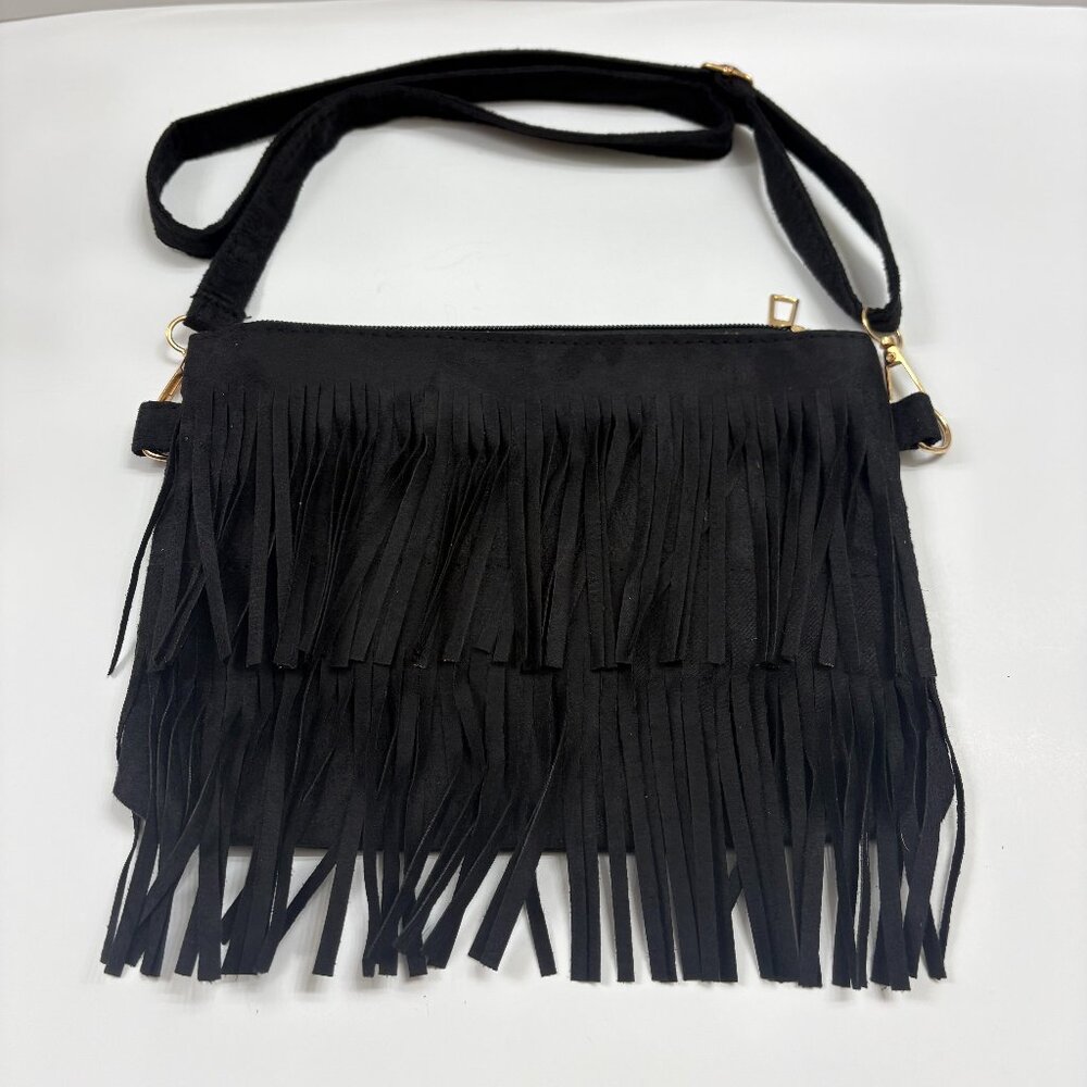 Boho Chic Fringe/ Two Tiered Tassel Shoulder/ Crossbody Bag/ Purse - Black - NWT - Picture 5 of 8